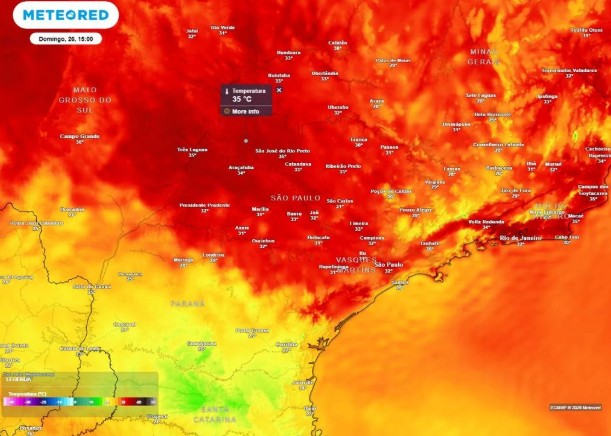 Previsão de temperatura máxima (em °C) para o domingo (26), segundo o modelo europeu ECMWF