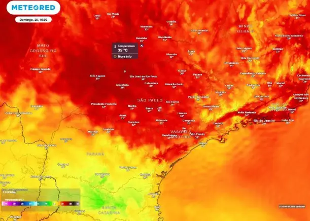 Previsão de temperatura máxima (em °C) para o domingo (26), segundo o modelo europeu ECMWF