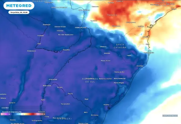 O mapa representa as baixas temperaturas, em razão da atuação da massa polar sobre a Região Sul