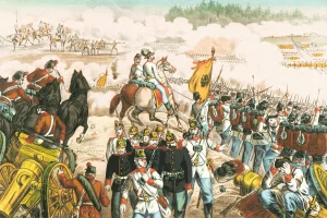 Ilustração antiga de batalha com soldados, cavalaria e artilharia representando conflitos do período imperialista