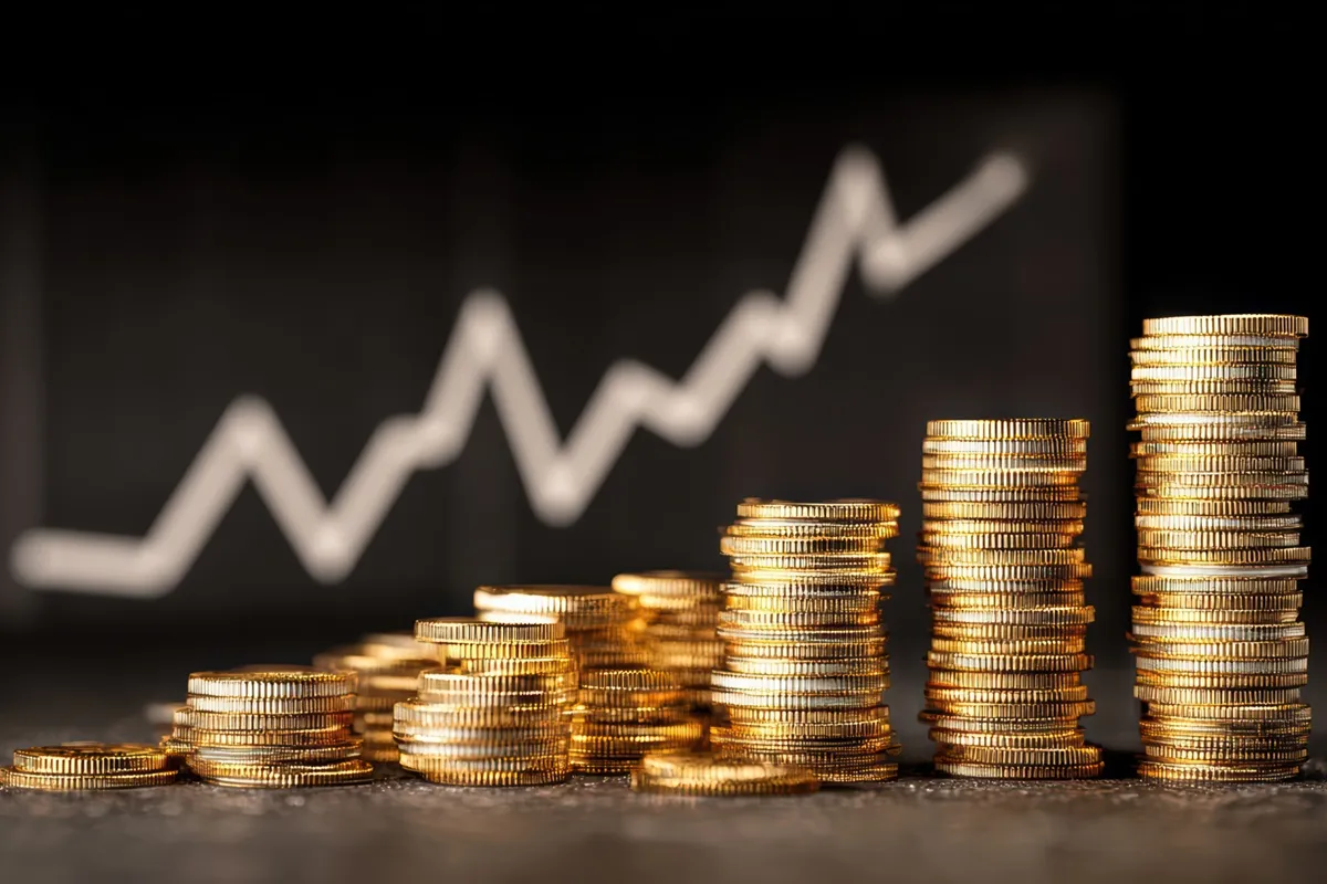 Moedas empilhadas em crescimento com gráfico ascendente ao fundo representando inflação e valorização econômica