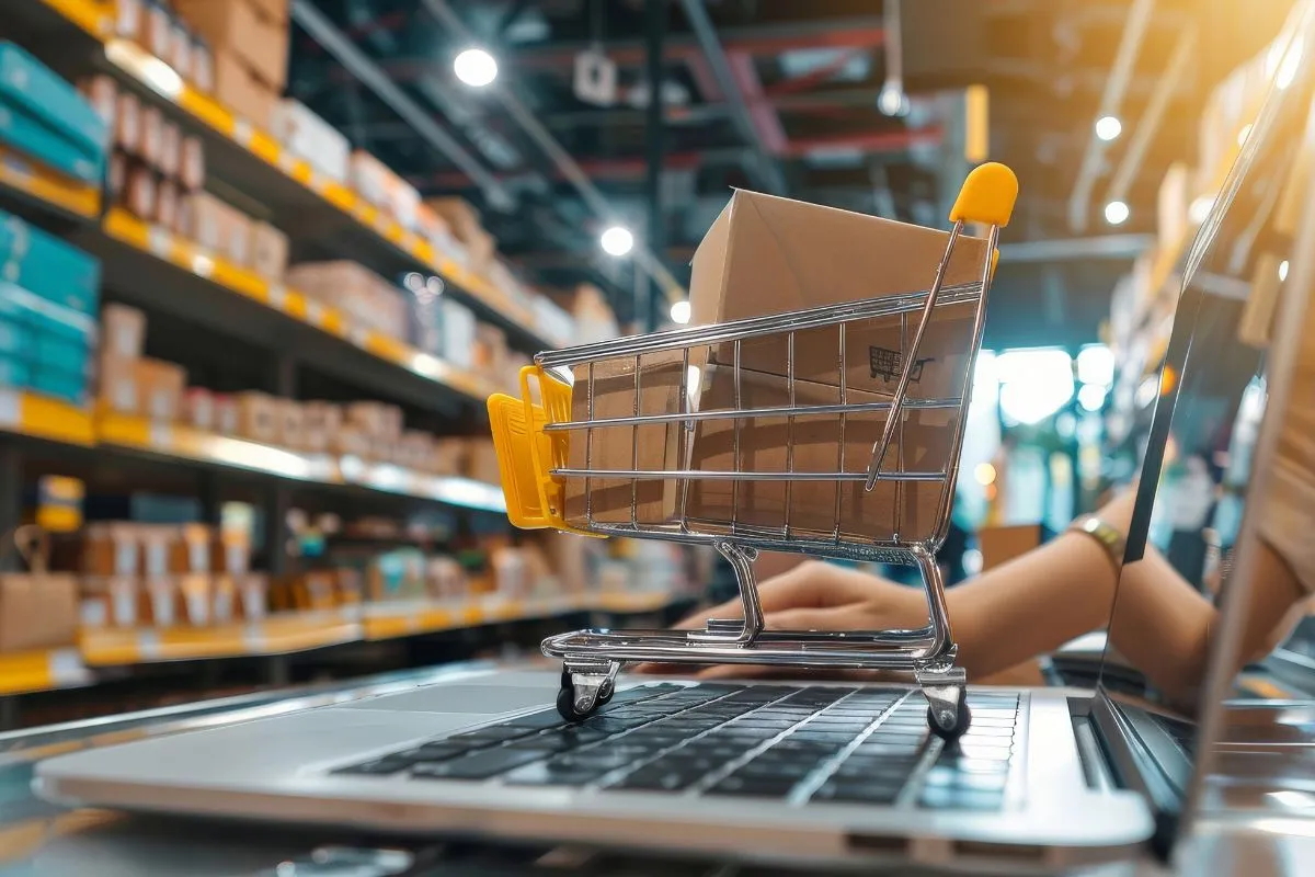 Carrinho de compras com caixa sobre laptop em armazém representando e-commerce e cadeia de suprimentos