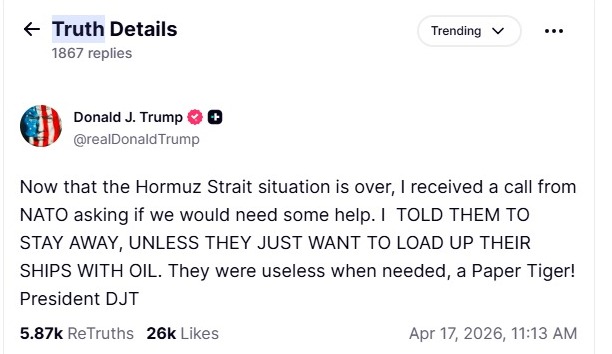 Mensagem de Trump nas redes sociais: "Inútil" | Foto: Reprodução/Truth Social