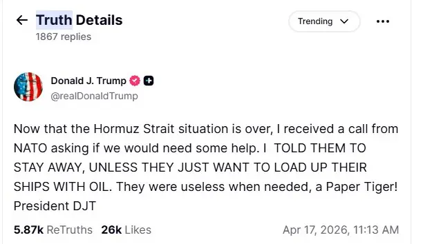 Mensagem de Trump nas redes sociais: "Inútil" | Foto: Reprodução/Truth Social