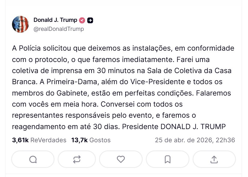 Publicação de Trump na Truth Social | Foto: Reprodução