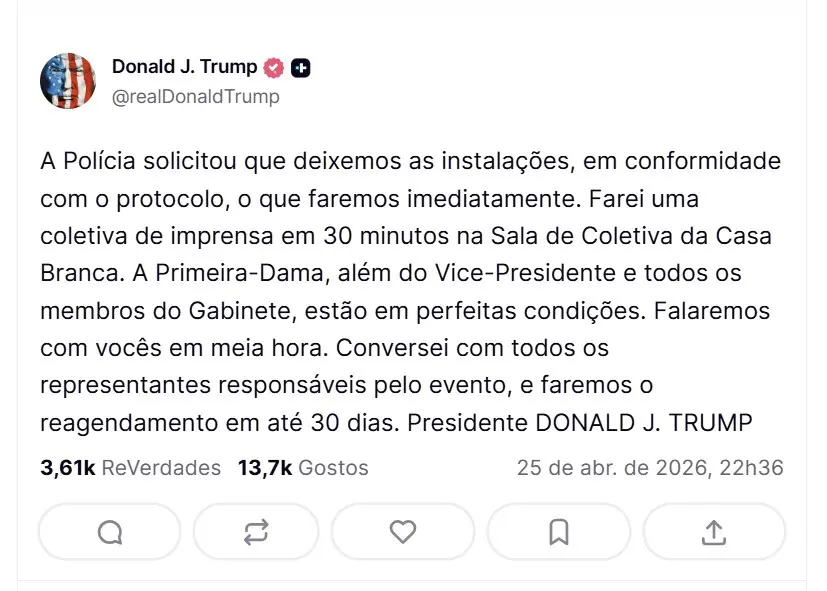 Publicação de Trump na Truth Social | Foto: Reprodução