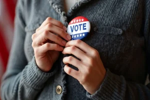 Pessoa prendendo botão com palavra vote simbolizando participação eleitoral