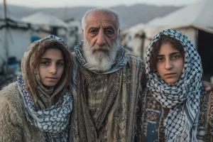 Homem idoso e duas jovens em campo de refugiados com tendas ao fundo