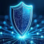 Escudo digital com código representando proteção de dados e cibersegurança em rede