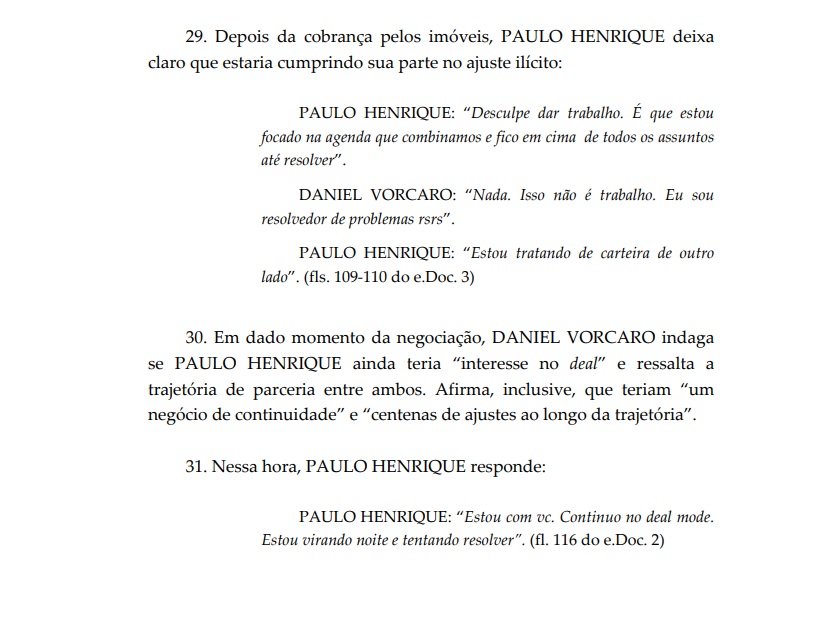 Trecho de troca de mensagens entre o ex-chefe do BRB e Daniel Vorcaro