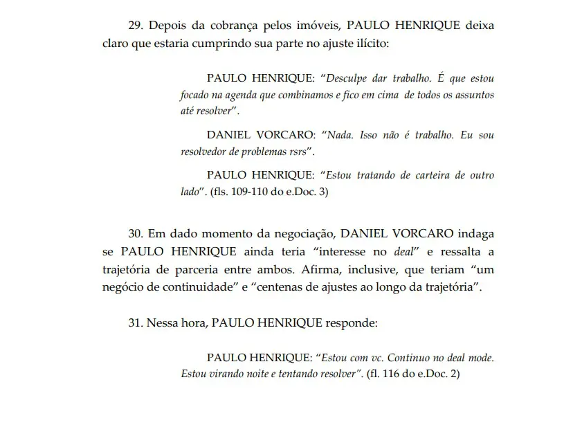 Trecho de troca de mensagens entre o ex-chefe do BRB e Daniel Vorcaro