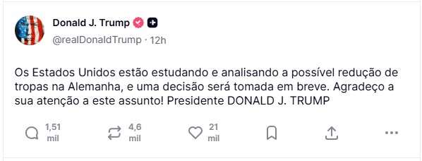 Postagem de Trump sobre as tropas na Alemanha - Tradução pelo Google - 29/04/2026 | Foto: Reprodução/Truthu Social