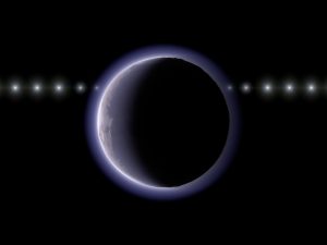 Ilustração mostra a passagem de uma estrela atrás de um corpo transnetuniano, com a luz sendo gradualmente atenuada pela atmosfera ao redor do objeto | Imagem: Observatório Astronômico Nacional do Japão/Divulgação