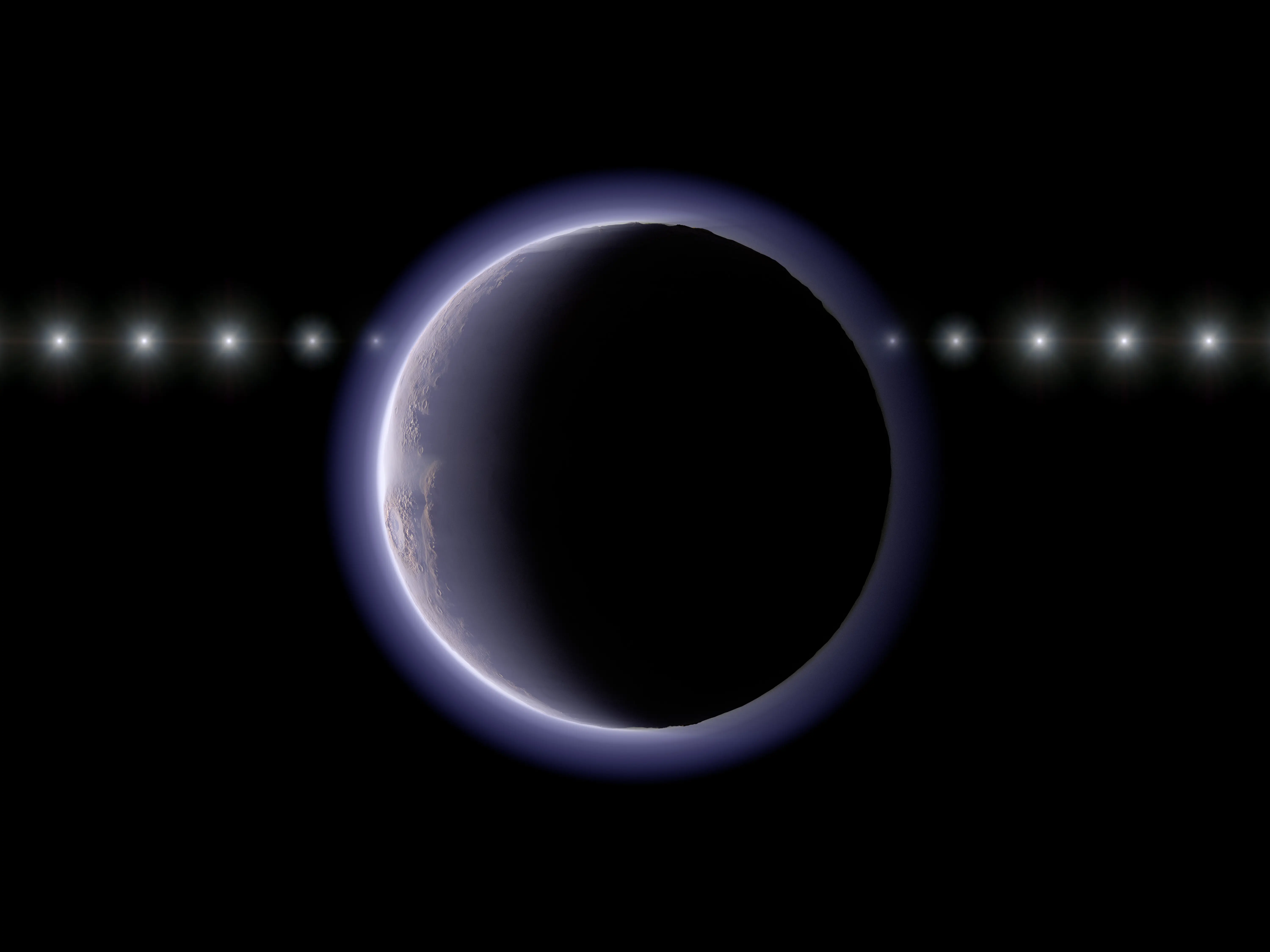 Ilustração mostra a passagem de uma estrela atrás de um corpo transnetuniano, com a luz sendo gradualmente atenuada pela atmosfera ao redor do objeto | Imagem: Observatório Astronômico Nacional do Japão/Divulgação