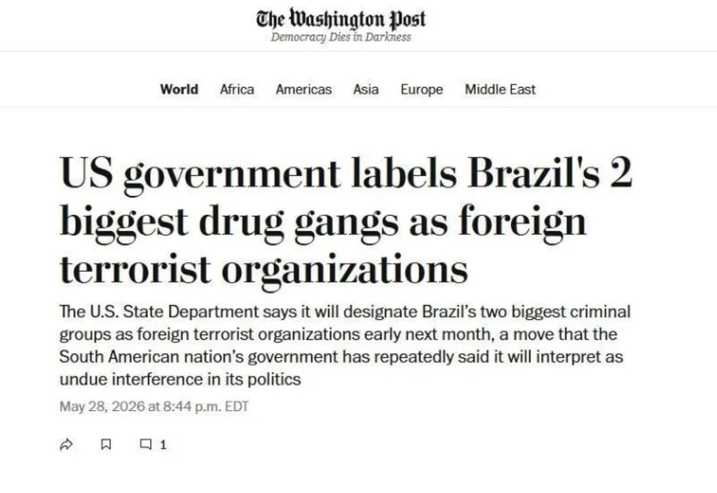 Publicação no jornal The Washington Post | Foto: Reprodução