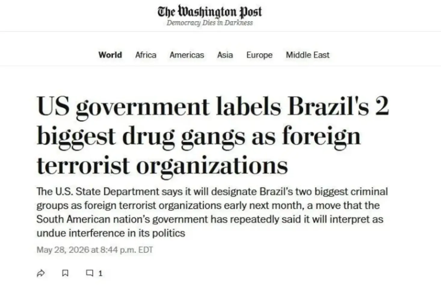 Publicação no jornal The Washington Post | Foto: Reprodução