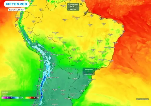 Contrate térmico superior a 20°C entre o Norte e Sul do Brasil na manhã desta quarta-feira, 20