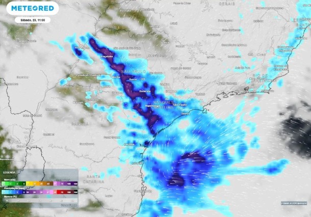 Previsão de precipitação (em mm)  para sábado, 23 no Estado de São Paulo 