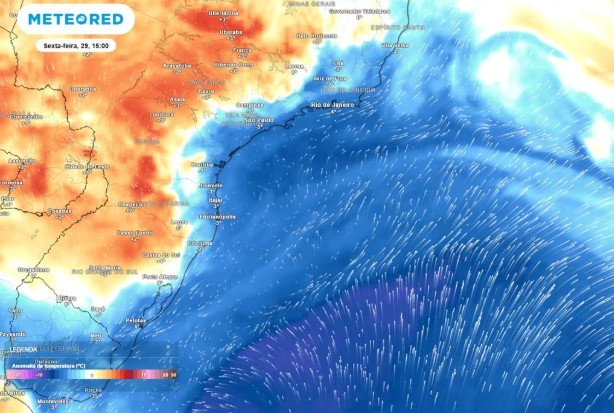 Previsão de anomalias de temperatura nesta sexta-feira durante a tarde mostra uma segunda massa de ar frio avançando pelo Sul e Sudeste, mantendo o frio nas capitais