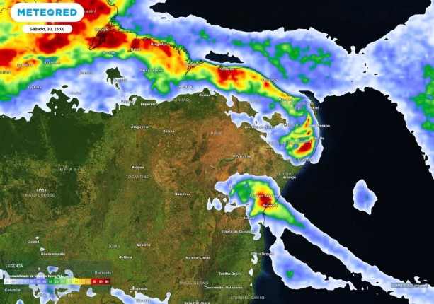 Mapa de probabilidade de precipitação sobre o Nordeste na tarde deste sábado, 30