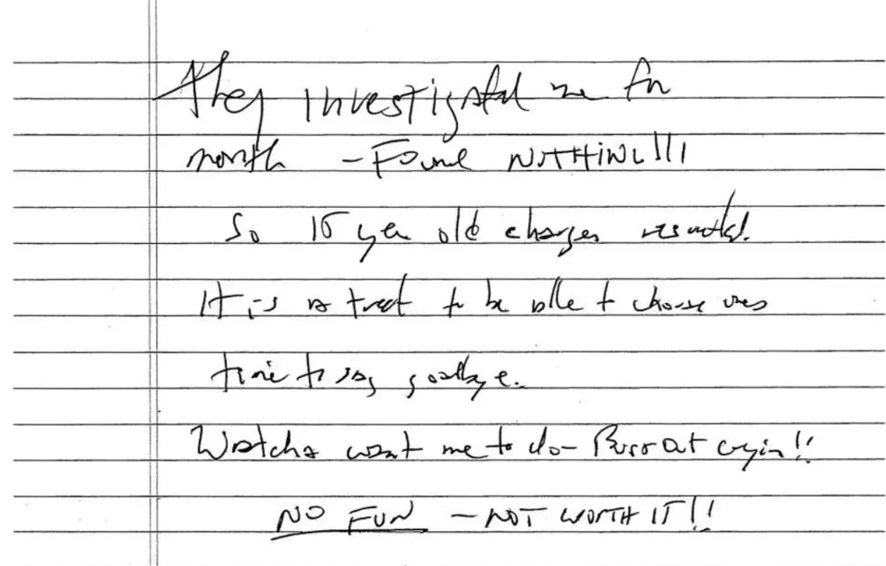 Suposta carta de suicídio de Epstein | Foto: Divulgação/ Tribunal Distrital dos EUA para o Distrito Sul de Nova York