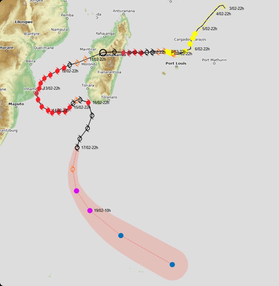Mapa pictórico da trajetória e estágios evolutivos do ciclone índico Gezani temporalizados (Fonte: Meteofrance, 2026)