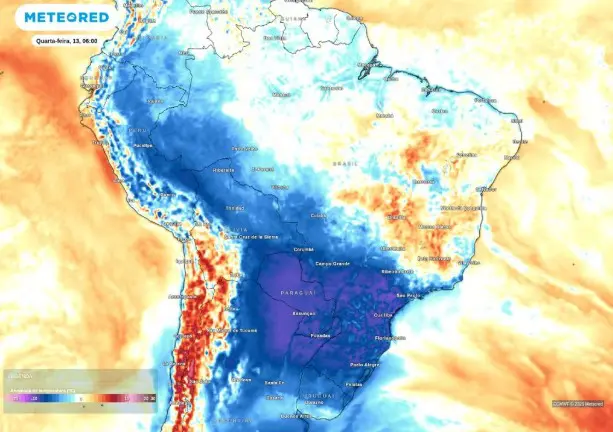 O mapa mostra que as temperaturas em superfície vão permanecer abaixo da média na manhã desta quarta-feira, 13, em toda a Região Sul, com anomalia de até 10°C