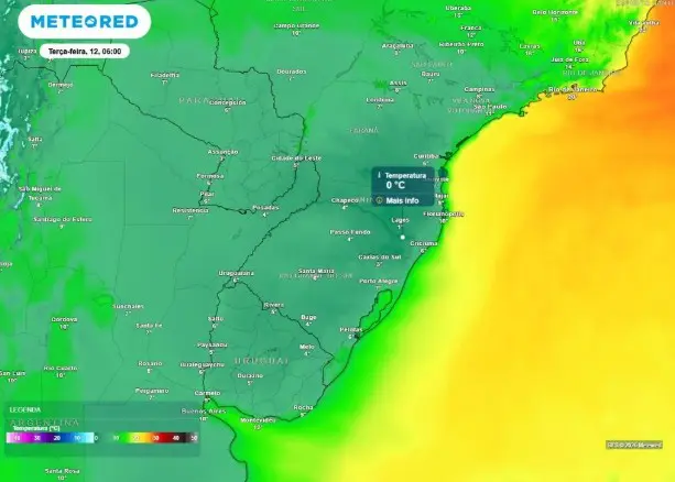 Temperatura prevista para o amanhecer da Região Sul nesta terça-feira, 12