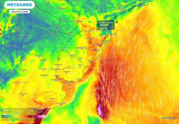 Previsão de rajadas de vento para o Sul do Brasil nesta sexta-feira.  Os ventos podem superar os 100 km/h e provocar estragos