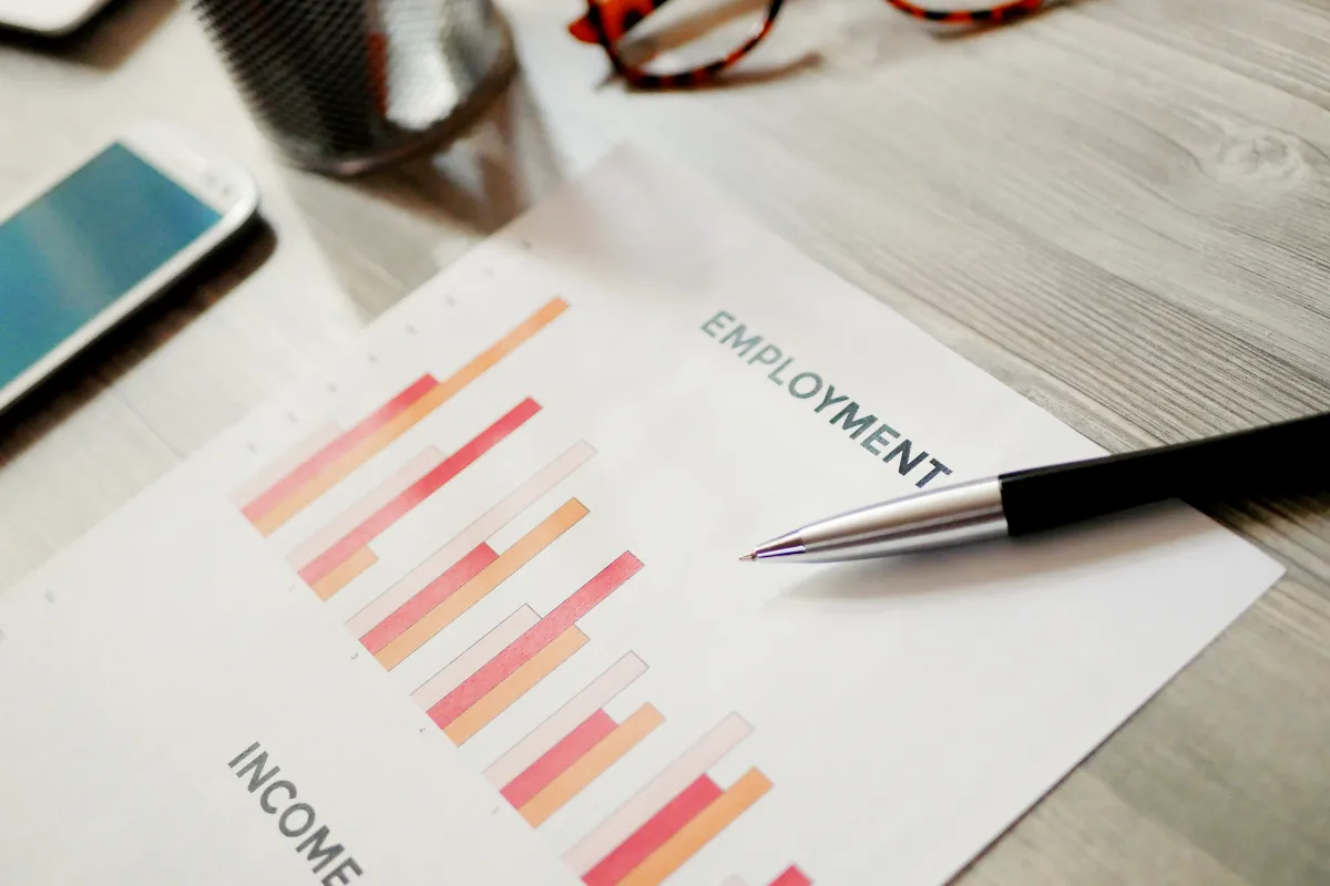 Relatório com gráficos de employment e income sobre mesa representando indicadores de emprego e renda no Brasil