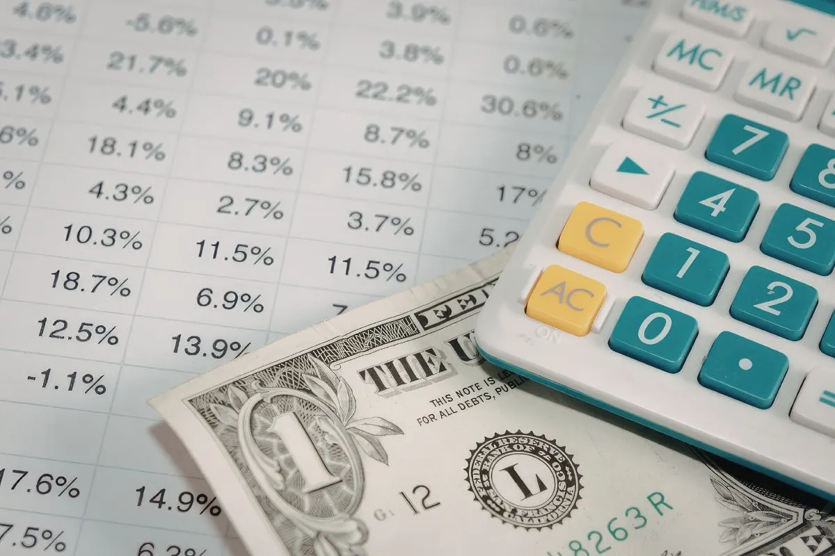 Calculadora ao lado de gráficos percentuais e nota de dólar representando indicadores fiscais e tributários.