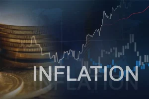 Gráfico de inflação com moedas e linha de crescimento representando aumento econômico