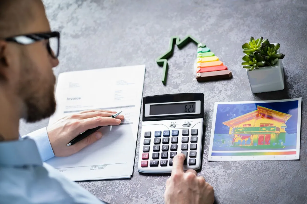 Pessoa usando calculadora para analisar financiamento de imóvel com gráfico de eficiência energética
