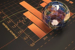Globo terrestre sobre gráfico financeiro com barras e linhas representando crescimento econômico global