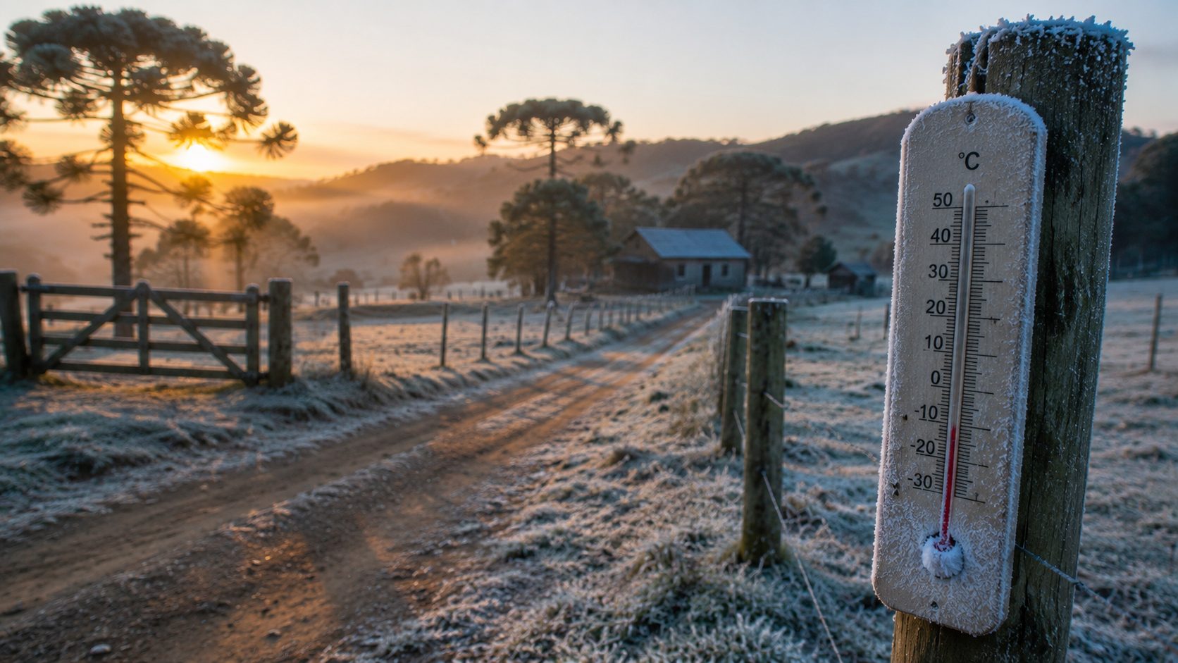 O frio mais intenso também eleva o potencial de geadas moderadas e fortes em praticamente todo o território gaúcho | Foto: Divulgação/Oeste | Imagem criada com o auxílio de inteligência artificial