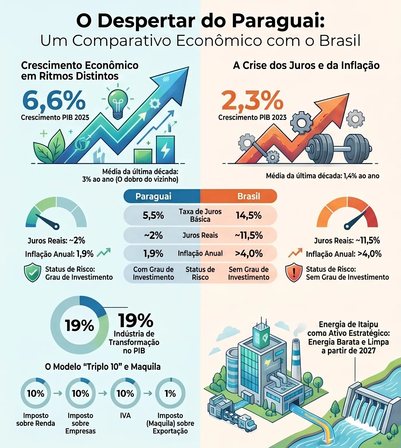 Os dois países também seguiram trajetórias diferentes em crescimento econômico. O Paraguai cresceu 6,6% em 2025. O Brasil avançou 2,3% no mesmo período | Foto: Divulgação/Oeste | Imagem criada com o auxílio de inteligência artificial