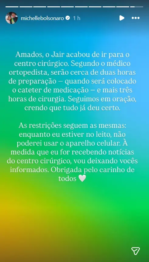 Publicação da ex-primeira-dama Michelle Bolsonaro nas redes sociais | Foto: Reprodução