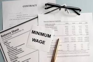 Documentos financeiros e cartão escrito minimum wage representando regras do salário mínimo 2026 no Brasil