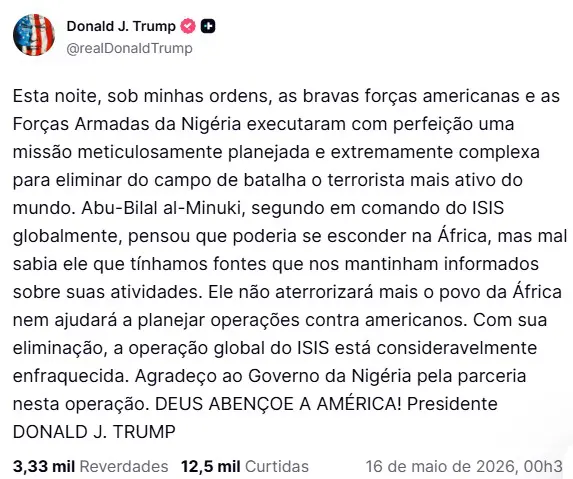 Postagem de Trump sobre a morte do líder terrorista | Foto: Reprodução/Truth Social