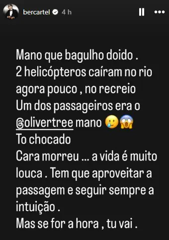 Mensagem de condolências de Ber Cartel | Foto: Reprodução/Redes sociais