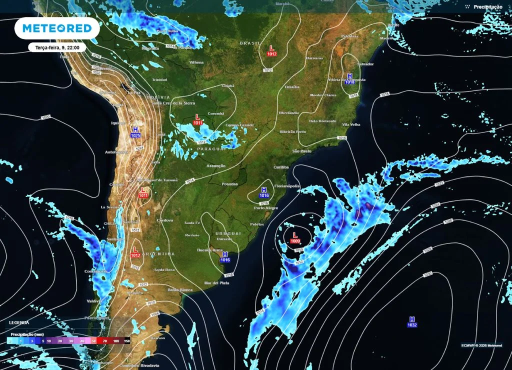 O sistema deve ganhar força nesta segunda-feira, 8, e se deslocar para o oceano na terça-feira 9 | Foto: Divulgação/Meteored
