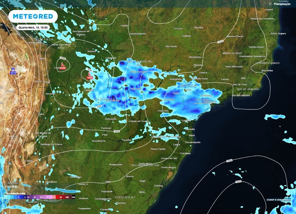 Modelos meteorológicos sugerem que uma nova área de baixa pressão começará a se formar entre o Paraguai e Mato Grosso do Sul | Foto: Divulgação/Meteored
