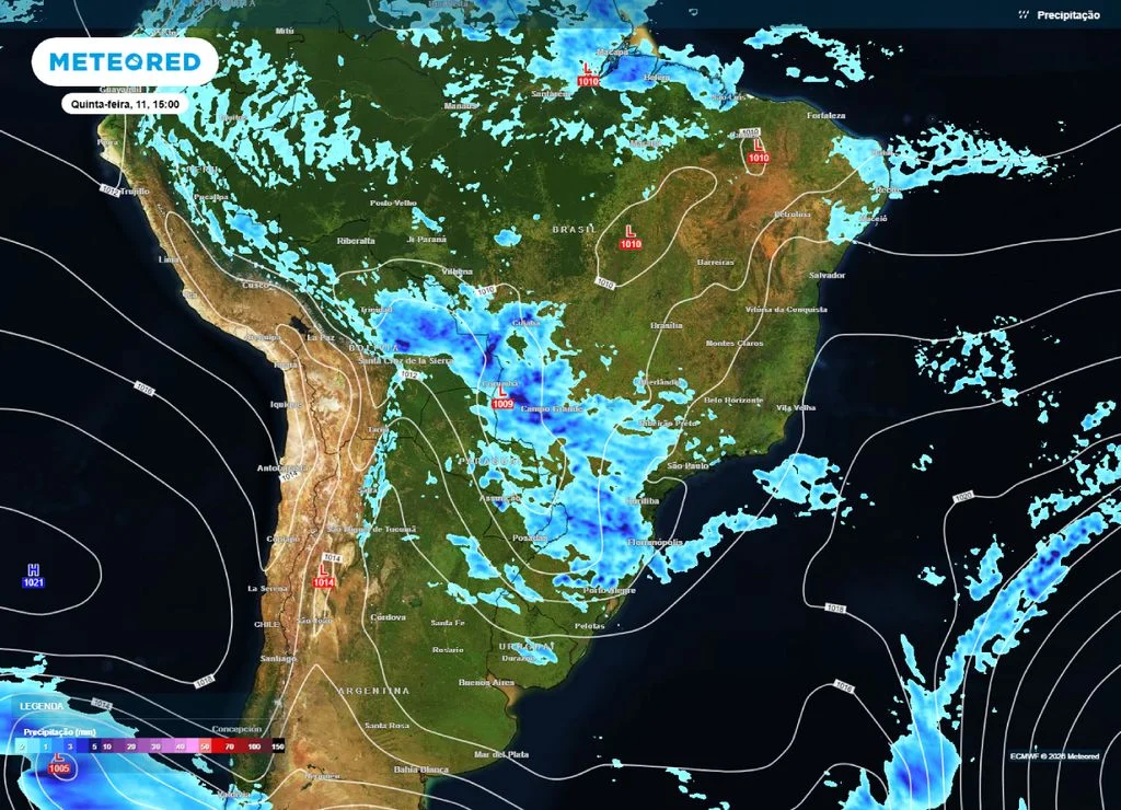 O sistema ganhará intensidade entre a quarta-feira 10 e a quinta-feira 11 | Foto: Divulgação/Meteored