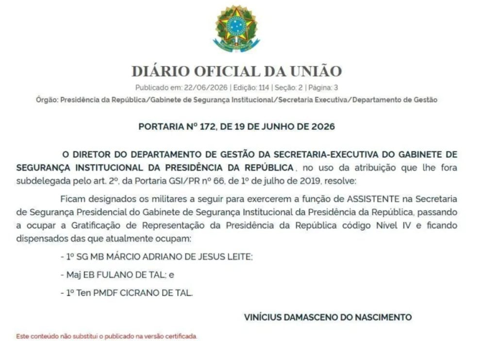 Portaria N° 172, de 19 de junho de 2026 publicada com erro | Foto: Reprodução/DOU