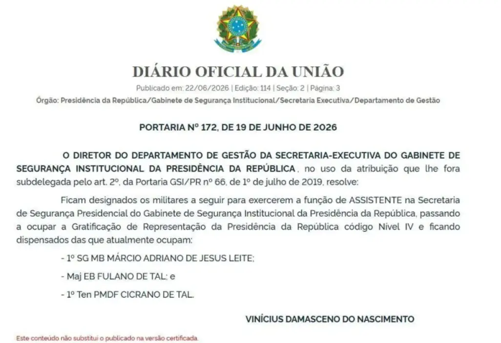 Portaria N° 172, de 19 de junho de 2026 publicada com erro | Foto: Reprodução/DOU