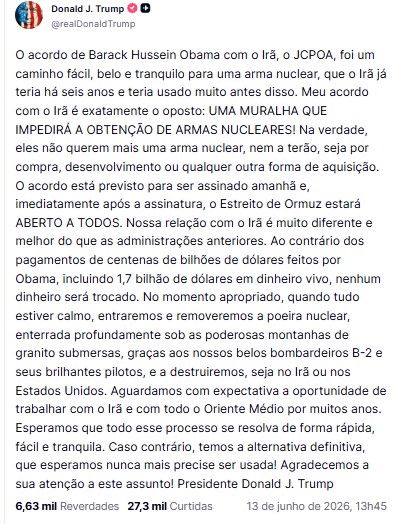 Publicação de Trump na plataforma Truth Social | Foto: Reprodução/Redes sociais