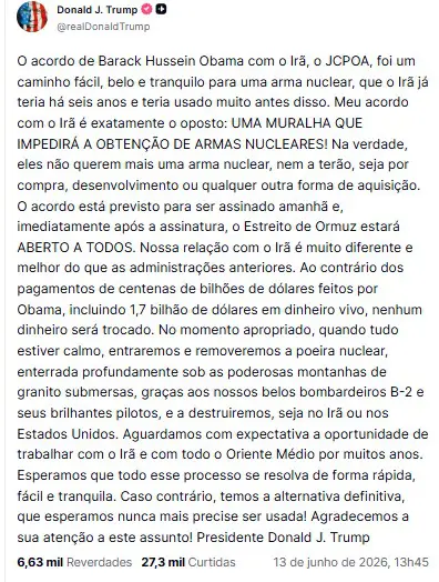 Publicação de Trump na plataforma Truth Social | Foto: Reprodução/Redes sociais