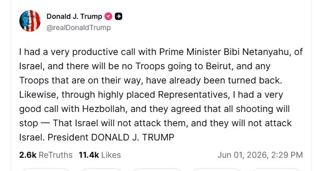 Mensagem de Trump sobre conversa com o primeiro-ministro de Israel | Foto: Reprodução/Truth