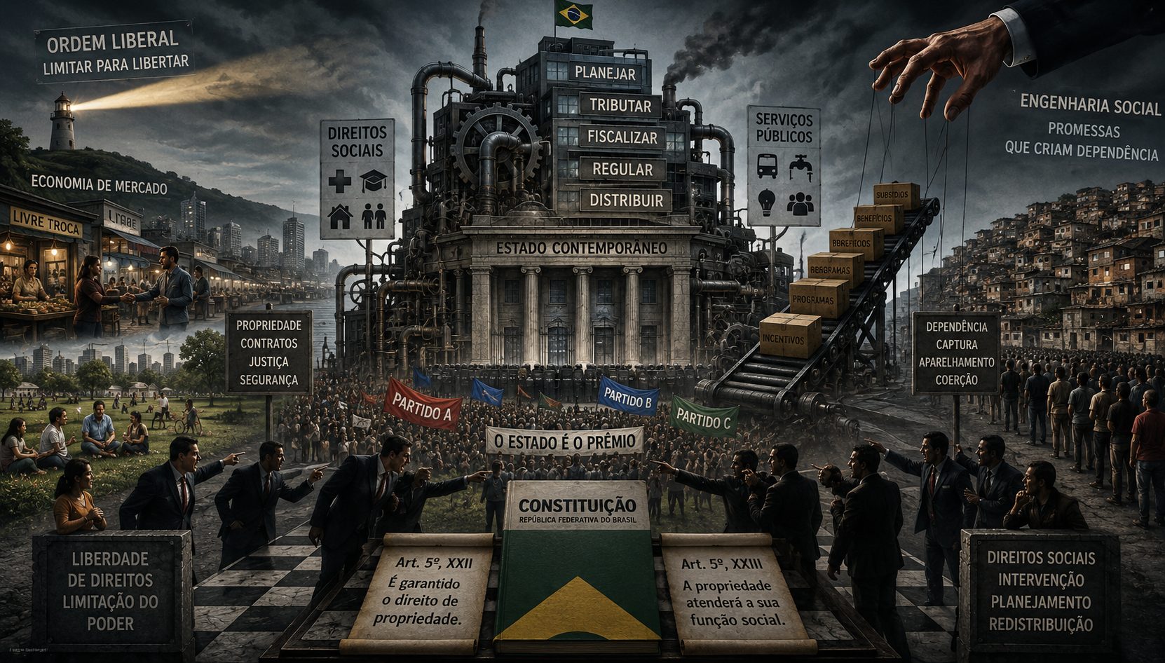 'O Estado contemporâneo se tornou uma ferramenta de engenharia social, e a Constituição social-democrata, em vez de conter essa tendência, a legitima', escreve Adriano Dorta | Foto: Divulgação/Oeste | Imagem criada com o auxílio de inteligência artificial