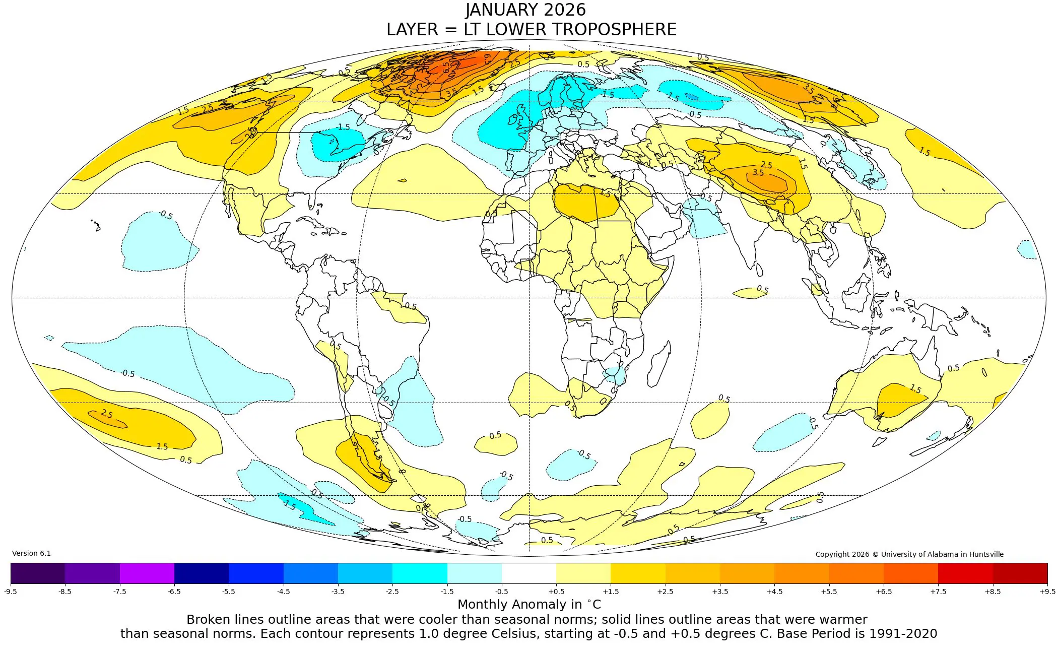 Mapa global com as anomalias de temperaturas da baixa troposfera obtidas pelos satélites de órbita polar da NOAA, com referência climatológica 1991-2020. Médias de janeiro de 2026. Fonte: UAH, 2026 | Foto: Divulgação/Arquivo pessoal